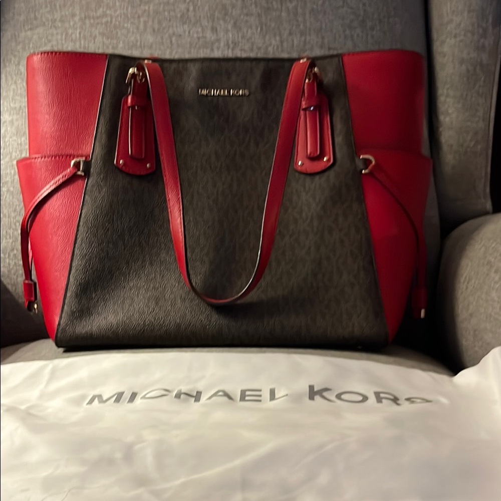 Michael Kors Red and Black Tote Bag with Leather Handles